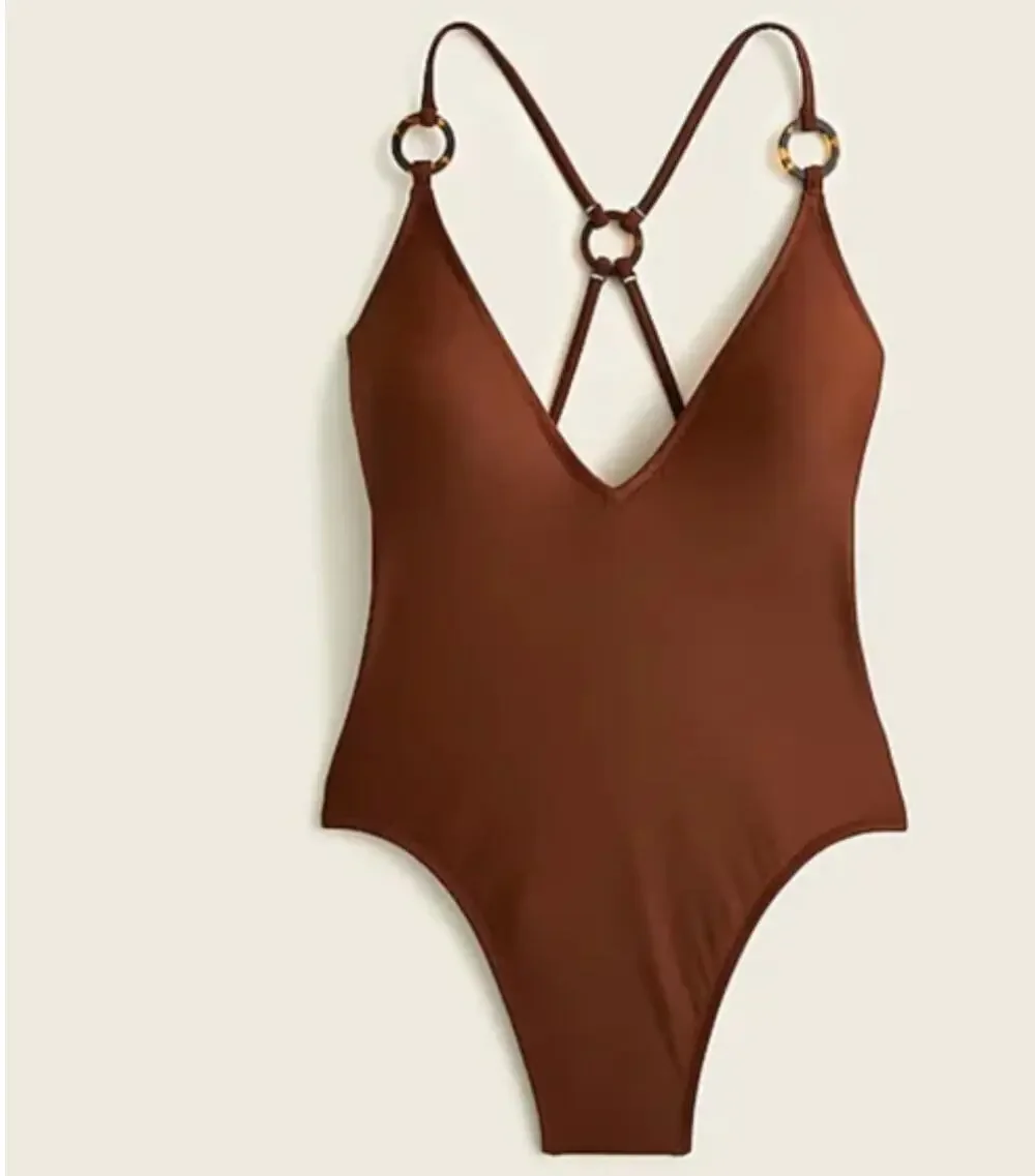NEW J.Crew O-ring V-neck one-piece Swimsuit Size 22 Brown Plus Size